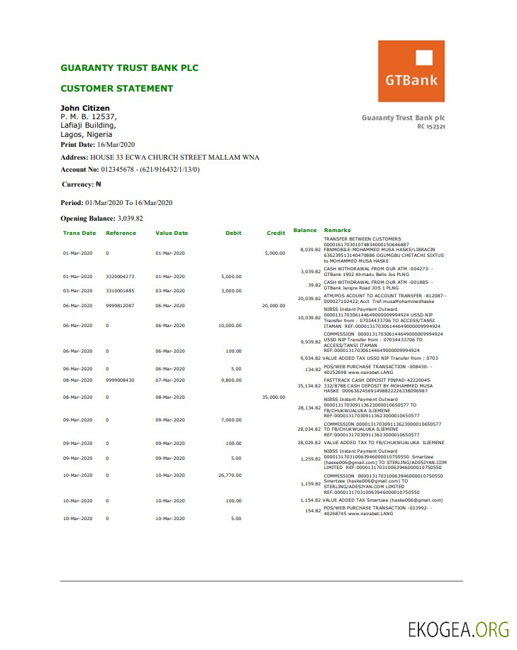 Modèle de relevé bancaire de preuve d'adresse Nigeria GTBank au format Word et PDF